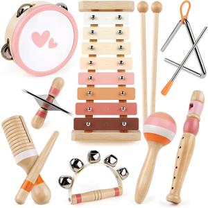 Musical Instruments for Girls - Toys for 2 3 Year Old Girl Birthday Gifts - 8 in 1 Wooden Montessori Musical Set with Xylophone/Tambourine/Maracas/Flute for Toddler 2-4 (Pink)