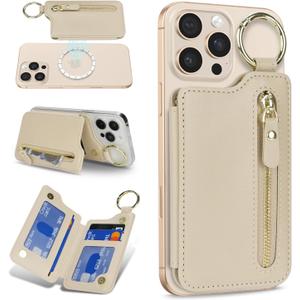 Cavor Compatible with MagSafe Wallet,Magnetic Wallet for iPhone 17/16 Pro Max/15 Pro/14 Plus/13/12 Series,Magnetic Card Holder with Adjustable Stand,Mag Safe Phone W allet Zipper-Beige
