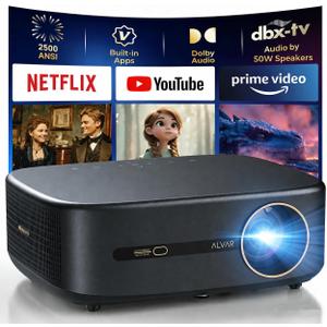 Alvar Smart Projector 2026 Upgraded, 2500 ANSI, 4K Supported, Built in NetfIix App, DoIby Audio & 50W Speakers, Auto Focus, WiFi 6, Bluetooth 5.3, Home Theater & Outdoor Movie Projector, Black