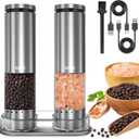 Electric Salt and Pepper Grinder Set Rechargeable, Automatic Salt and Pepper Shakers Mills External Adjustable Coarseness, Kitchen Gadgets, Stocking Stuffers Christmas Cooking Gifts for Men Women (Storage Base-Stainless Steel Set)
