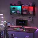 Gaming Floating Wall Shelves with Led Lights, Wall Mounted Shelf, 24" Led Lights and Adjustable Glass Bar Wine Shelf, Black Wall Shelf with 6 Hooks for Gaming Room Bedroom Living Room, 25" x 23.62" x 7.87"