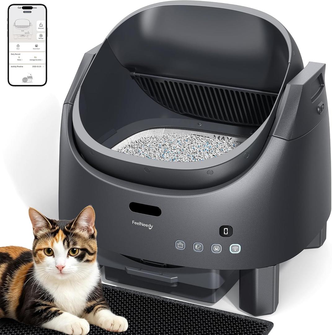 Automatic Litter Box Self Cleaning, FeelNeedy Open-Top Smart Cat Litter Box with App Control, Odor-Control Safety Sensor Design for 1-3 Cats, Includes Waste Bags
