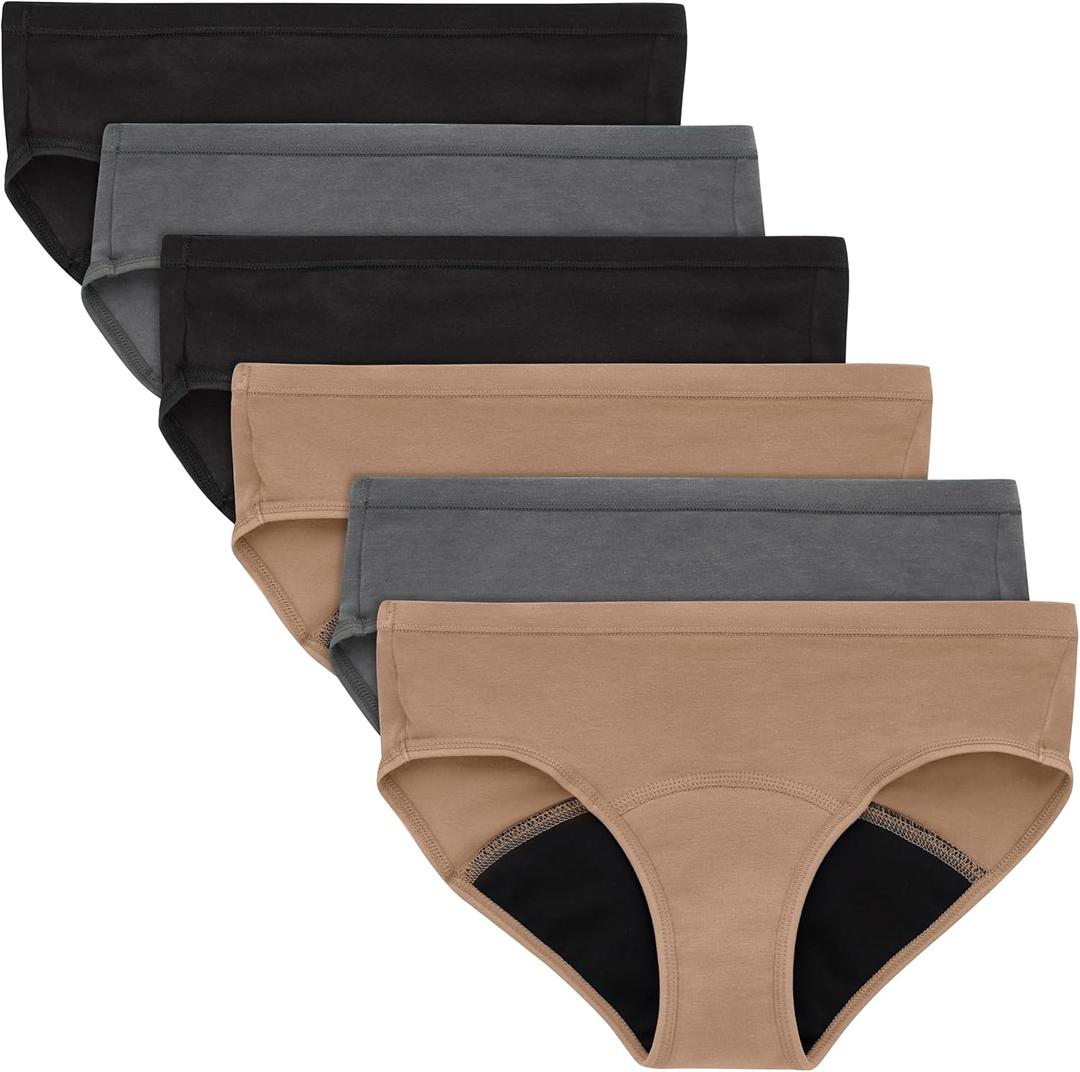 Hanes Girls' Comfort, Period. Boys'hort & Hipster Period Underwear, Moderate Protection (14, Hipster - Black/Grey/Tan - 6 Pack)