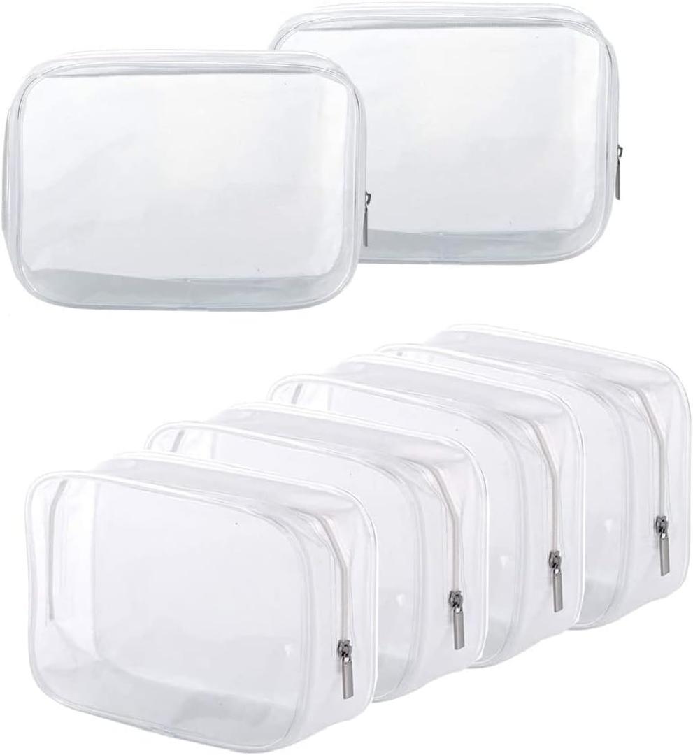 6 Pack Clear Toiletry Carry Pouch with Zipper Portable Plastic Waterproof Cosmetic Bag TSA Approved for Vacation Travel Bathroom and Organizing (White, Large) (EXP 04/20/31)