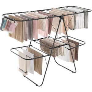 SONGMICS Clothes Drying Rack, Foldable 2-Level Laundry Drying Rack, Free-Standing Laundry Airer, with Height-Adjustable Wings, 33 Drying Rails, Sock Clips, Black ULLR053B01V1, 2 Tiers22"D x 61.8"W x 64.3''H )