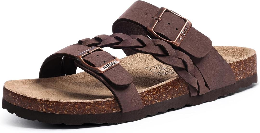 KIDMI Women's Cork Footbed Sandals with Arch Support Comfortable Slip-On Slide Sandals With Adjustable Buckle for Summer (8-8.5, Brown)