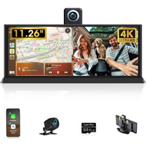 11.26" Largest Car Tablet Pro Max 2025 Carplay Screen for Car 4K Dash Cam 350 Rotatable CameraCust-omized Bracket Apple Car Play & Android Auto Screen w Bluetooth Audio Mirror Link Video