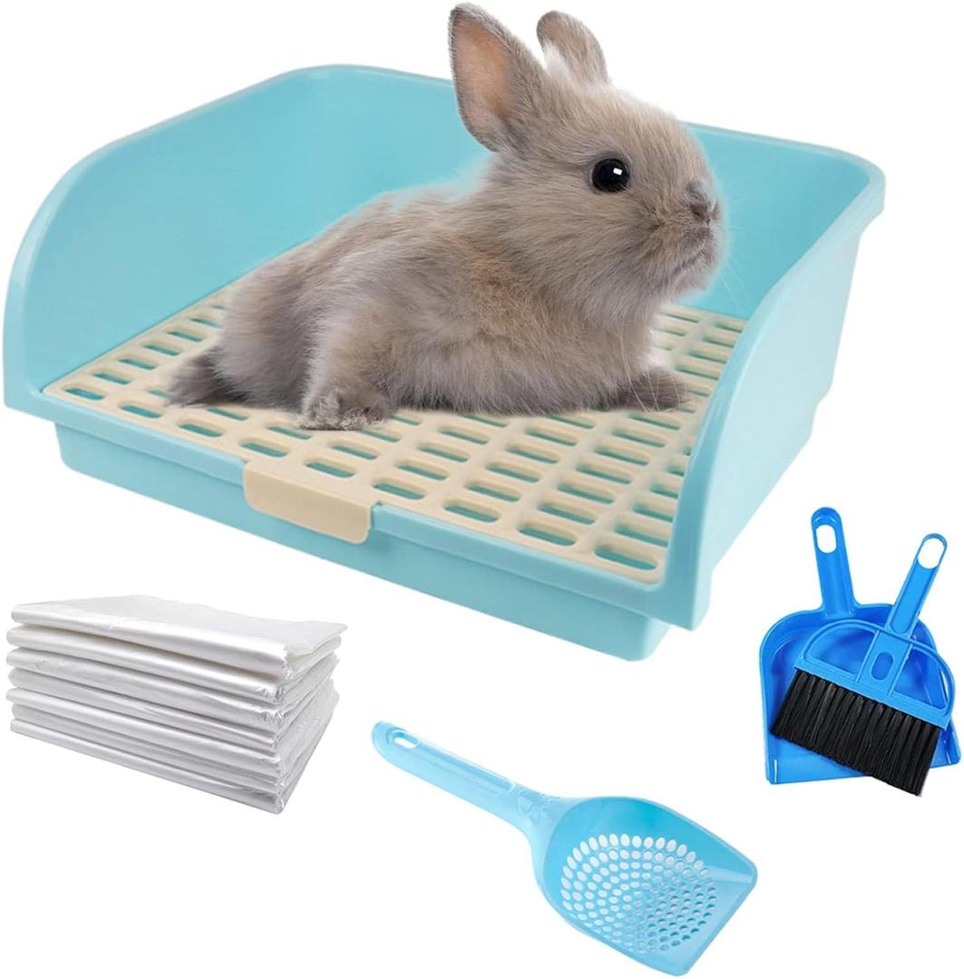 kathson Large Rabbit Litter Box, Pets Toilet Potty Trainer Tray Corner Small Animals Litter Bedding Box Bigger Pet Pan with Grass Mats for Adult Guinea Pig/Chinchilla/Ferret/Rabbit (Blue), Super Large Size: approximately 17.3x13.4x7.1inch