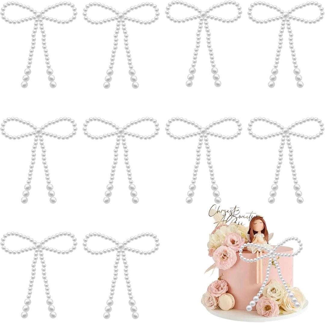 10 Pcs Pearl Bow Cake Toppers, 4.3x3.9 Inches White Pearl Beaded Cake Decorations, Large and Small Pearls, Elegant Cupcake Toppers for Weddings, Birthday, Valentines Day and Baby Shower Party Supplies