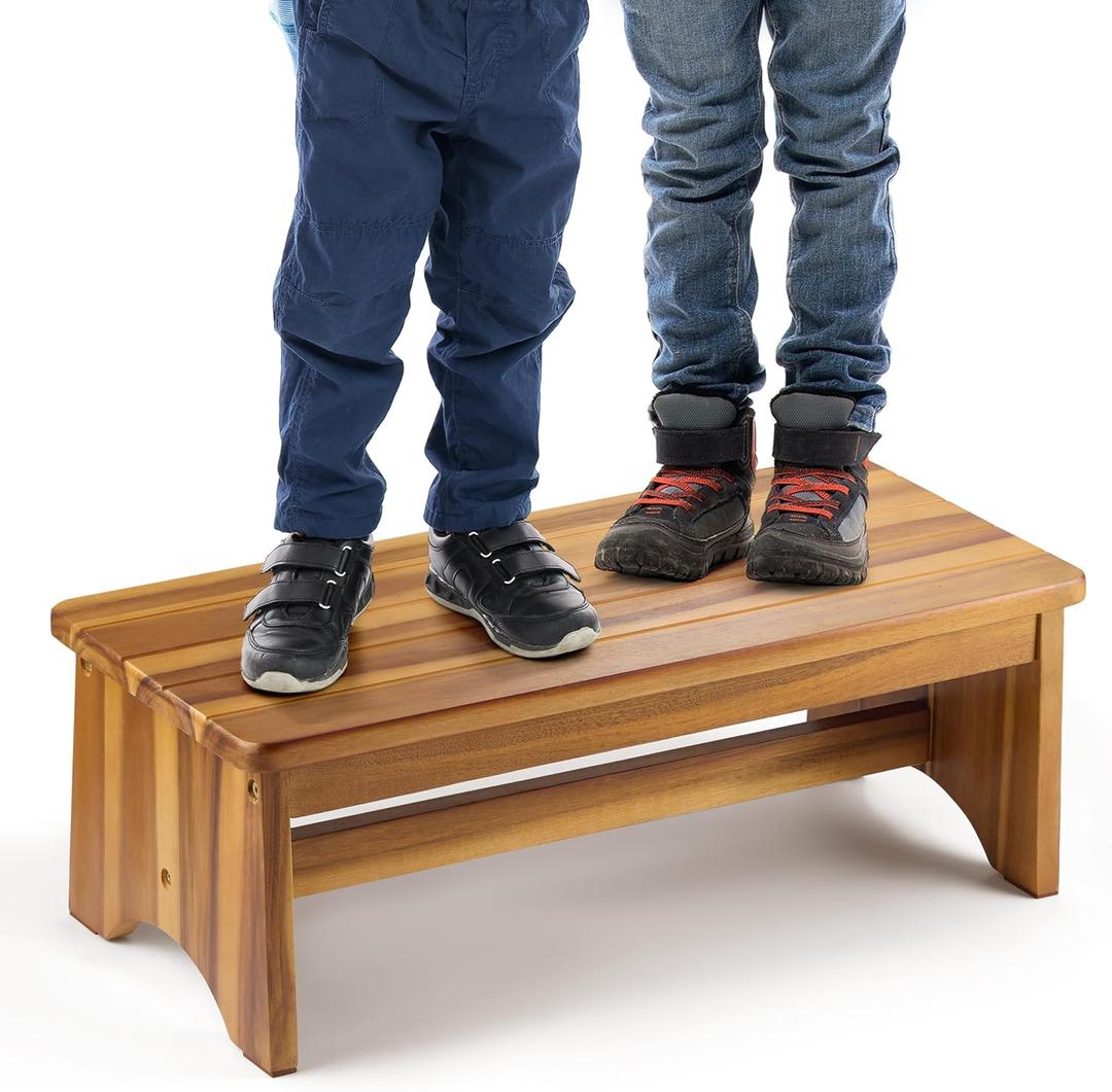 Extra Wide 26in Wooden Step Stool, Heavy Duty One Step Stool for Adults and Seniors, Holds Up to 550 lbs, Reinforced Cross Bar, Non-Skid Surface, Multipurpose Use for Kitchen, Bathroom, Bedroom (Warm Acacia)