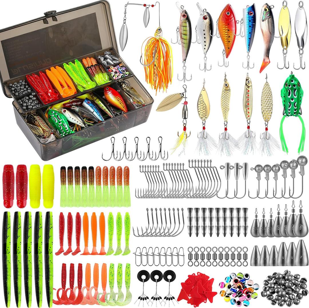 PLUSINNO Fishing Lures Fishing Tackle Box Fishing Gifts for Men, Bass, Trout Fishing Accessories Kit for Saltwater & Freshwater Fishing Gear Including Topwater Lures, Hooks, Spinnerbaits