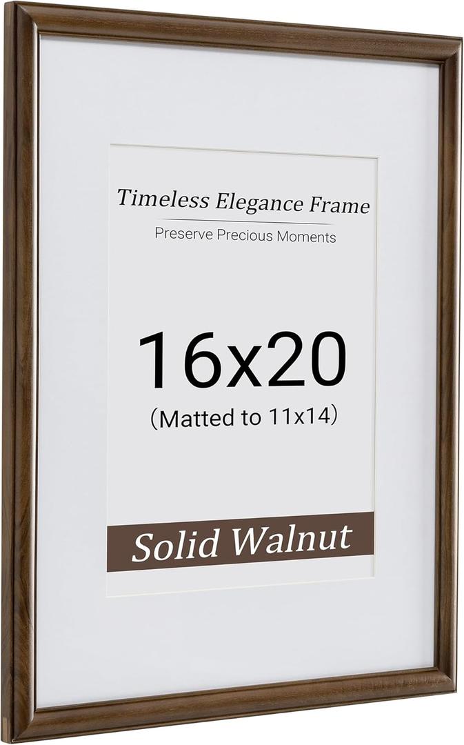 16x20 Picture Frame,16 x 20 Natural Solid Walnut Wood Frame Matted to 11x14 with Tempered Glass,16"x20" Handcrafted wood Poster Frame,Vertical or Horizontal Wall Hanging Display,1 Pack
