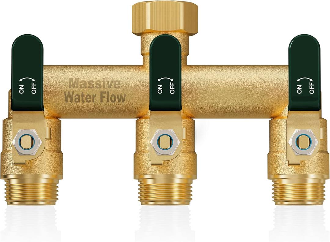 3 Way Hose Splitter, Heavy Duty Full Flow Garden Water Hose Bib Spigot Splitter, Brass Rust and Freeze Resistant Outdoor Faucet Splitter, T Adapter Connector with 3/4 - Inch GHT Thread Green