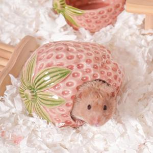 Ceramic Hamster Hideout, Strawberry Hamster House and Habitat, Syrian Hamster Hideout Decor Cool Bed for All Season Gerbil, Mice Guinea Pig (Pink)