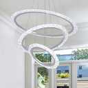Modern LED Chandelier ." 3 Ring Crystal Chandeliers for Dining Room Ceiling Lighting Fixture Adjustable Height Round Pendant Lights Silver Ring Chandelier for Living Room Bedroom