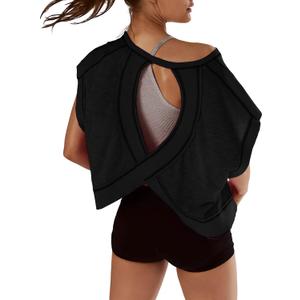Women Short Sleeve Workout Shirts Open Back Tops Casual Yoga Y2k Athletic Gym Slouchy Crop Running Tees (XX-Large, Black)