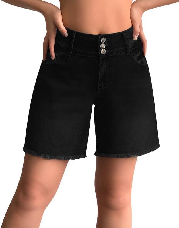 roswear Women's Stretchy Wide Leg High Waisted Frayed Hem Long Jean Shorts (Large, Black)