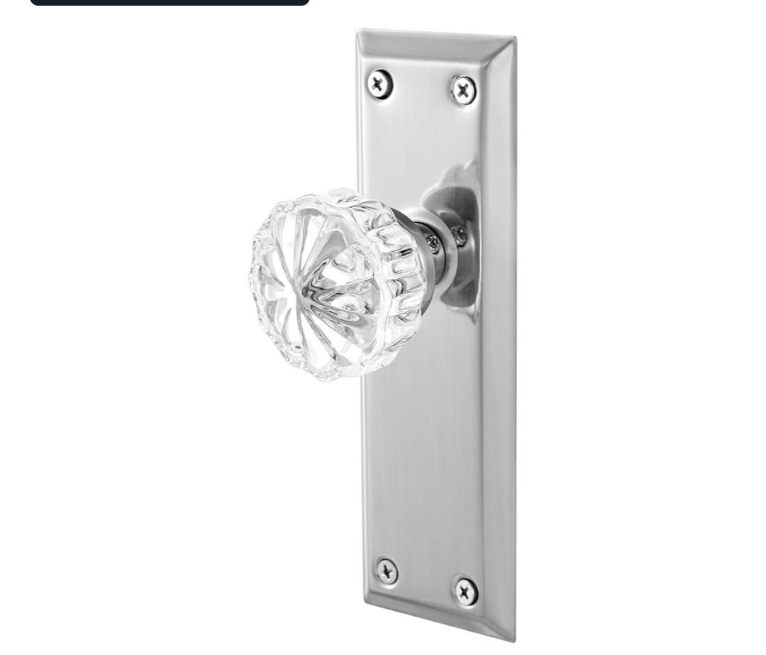 2 Pack Vintage Single Sided Crystal Dummy Door Knobs Interior, Long Plate Antique Glass Dummy Door Knobs in Brushed Nickel Finish