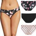 Maidenform Barely There Women's Underwear Bikini Pack, Invisible Look Panties, 3-Pack (Medium, Oil Flower/Black/Sandshell Dot Print)