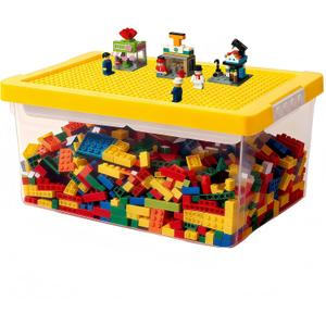 Toy Storage Organizer Bin for Lego, Plastic Organizer Box with Removable Tray and Building Baseplate Lid, Stackable Building Block Storage, Craft Storage Container for Lego Art, Toy, Tool, Sewing (Yellow)