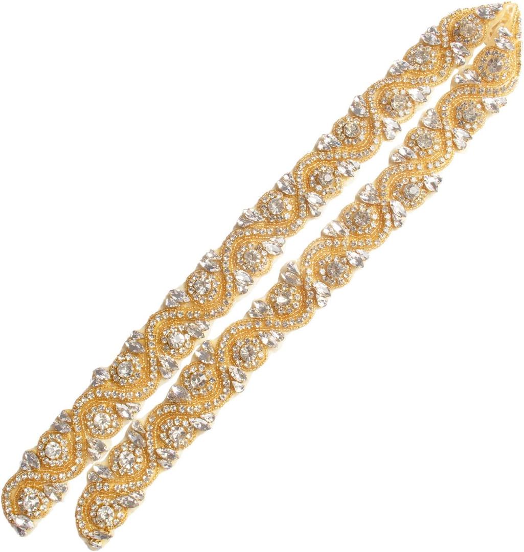 ShiDianYi Wedding Sash Belt - Gold Handmade Women's Crystal Pearl Beaded Bridal Applique Trim Rhinestone Dress Belt