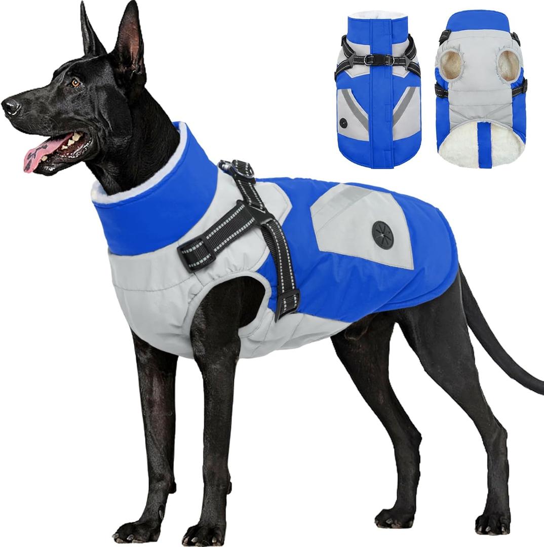 FUAMEY Dog Winter Jackets for Large Dogs,Dog Coat with Harness Built in,Waterproof Dogs Snowsuits Warm Pet Jacket Zip Up Fleece Cold Weather Coats Reflective Puppy Vest with Pocket Blue 2XL (XX-Large(chest:35in))