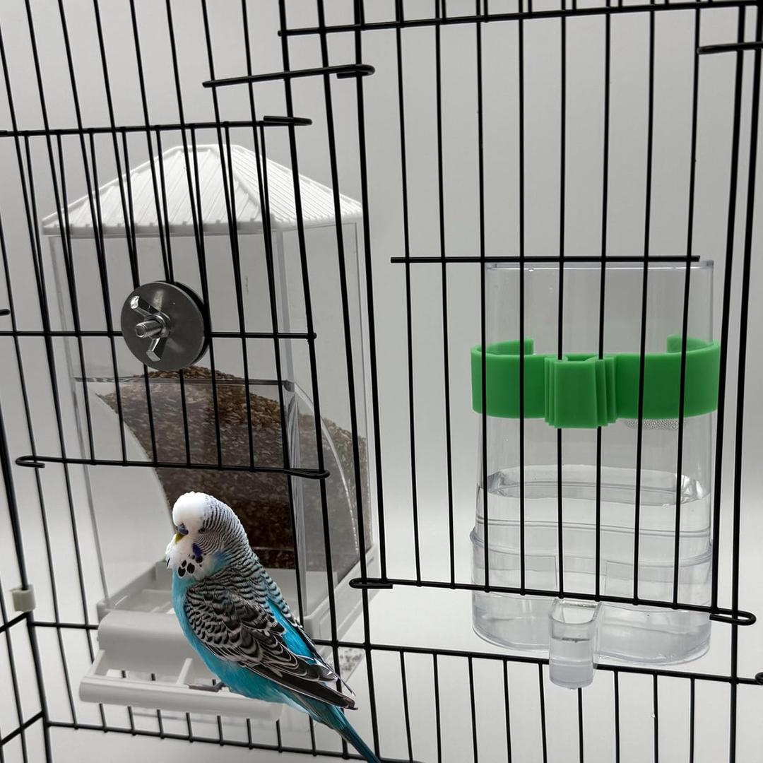 No Mess Bird Feeder Water Dispenser Set, Automatic Bird Feeder for Cage Transparent Acrylic Food Container Drinker Cage Accessories Parakeet Cockatiel Lovebird Finch (White)