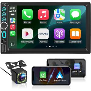 7'' Wireless Double Din Car Stereo Carplay Radio Screen for Car Audio Receivers, Bluetooth Car Play Android Auto Touchscreen, Mirror Link, FM/AM, Backup Camera, Type-C