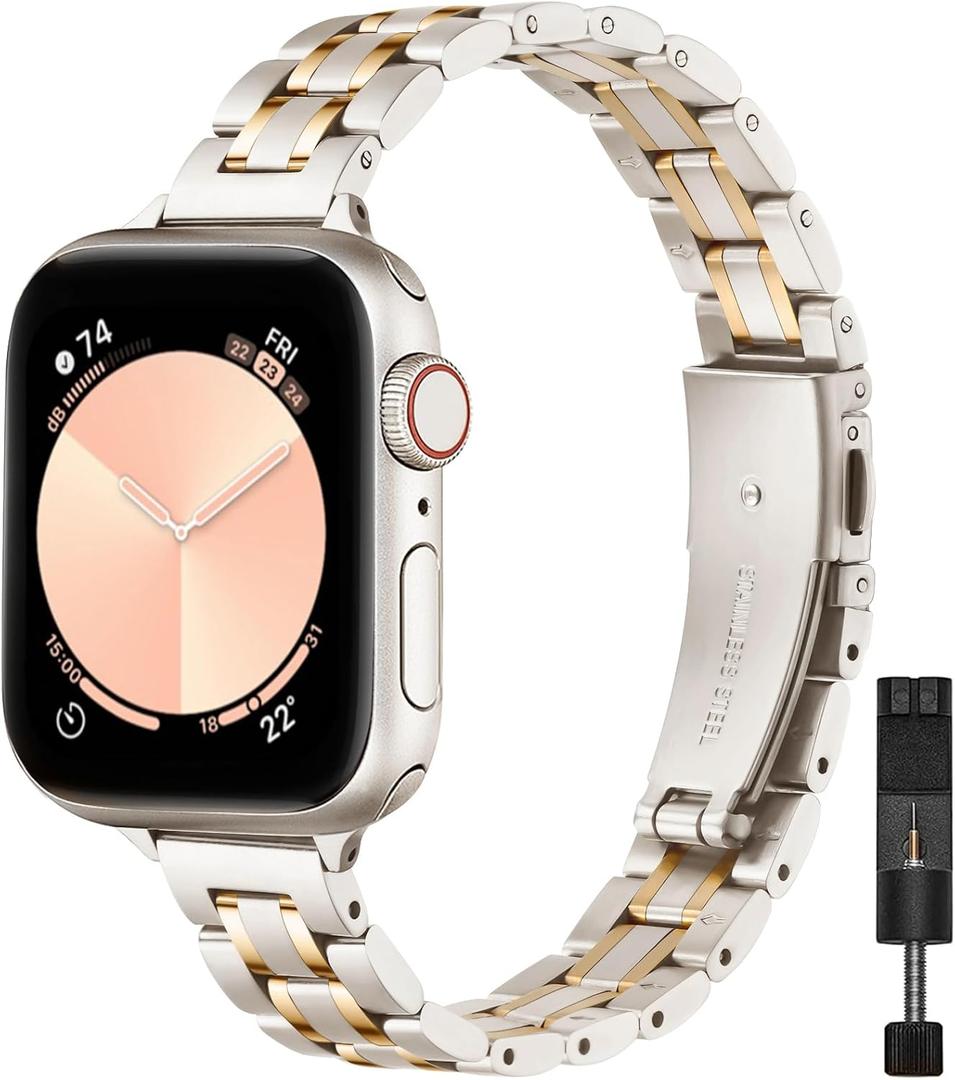 STIROLL Thin Replacement Band Compatible for Apple Watch 38mm 40mm 41mm 42mm(Series 11 10), Stainless Steel Metal Wristband Women Men for iWatch Ultra SE Series 9 8 7 6 5 4 3 2 1, Starlight Gold