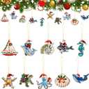 20 Pcs Sea Animal Coastal Christmas Ornament with Santa Hat Flat Wooden Beach Cutouts Sea Creature Tree Ornaments with Rope Seahorse Turtle Octopus Hanging Tree Decor for Holiday Xmas