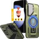 for Samsung Galaxy S23 FE Case Magnetic[Compatible with MagSafe Support Wireless Charger]Built-in Camera Cover Stand+with 2 Tempered Glass Screen Protector,360Full-Body Phone Protection Green