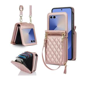 for Samsung Galaxy Z Flip 7 Case with Card Holder with 8-Card Slots Wallet Case with Detachable Strap Crossbody Lanyard Soft PU Leather for Women- Rose Gold
