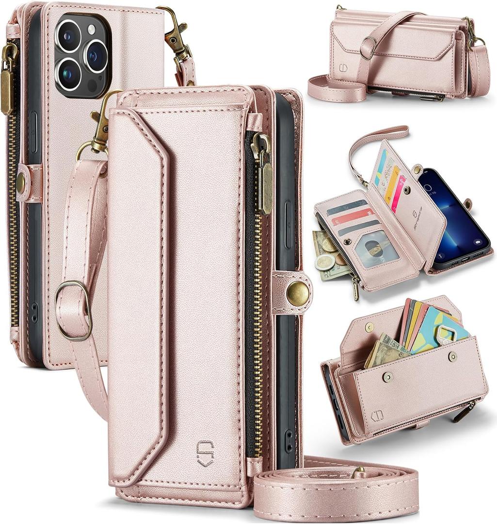 Strapurs Wallet Case Compatible with iPhone 13 Pro Max RFID Blocking 10-Card Holder Soft PU Leather Magnetic Snap Shoulder Strap Zipper Pocket Phone Case Fit for iPhone 13 Pro Max - Rose Gold