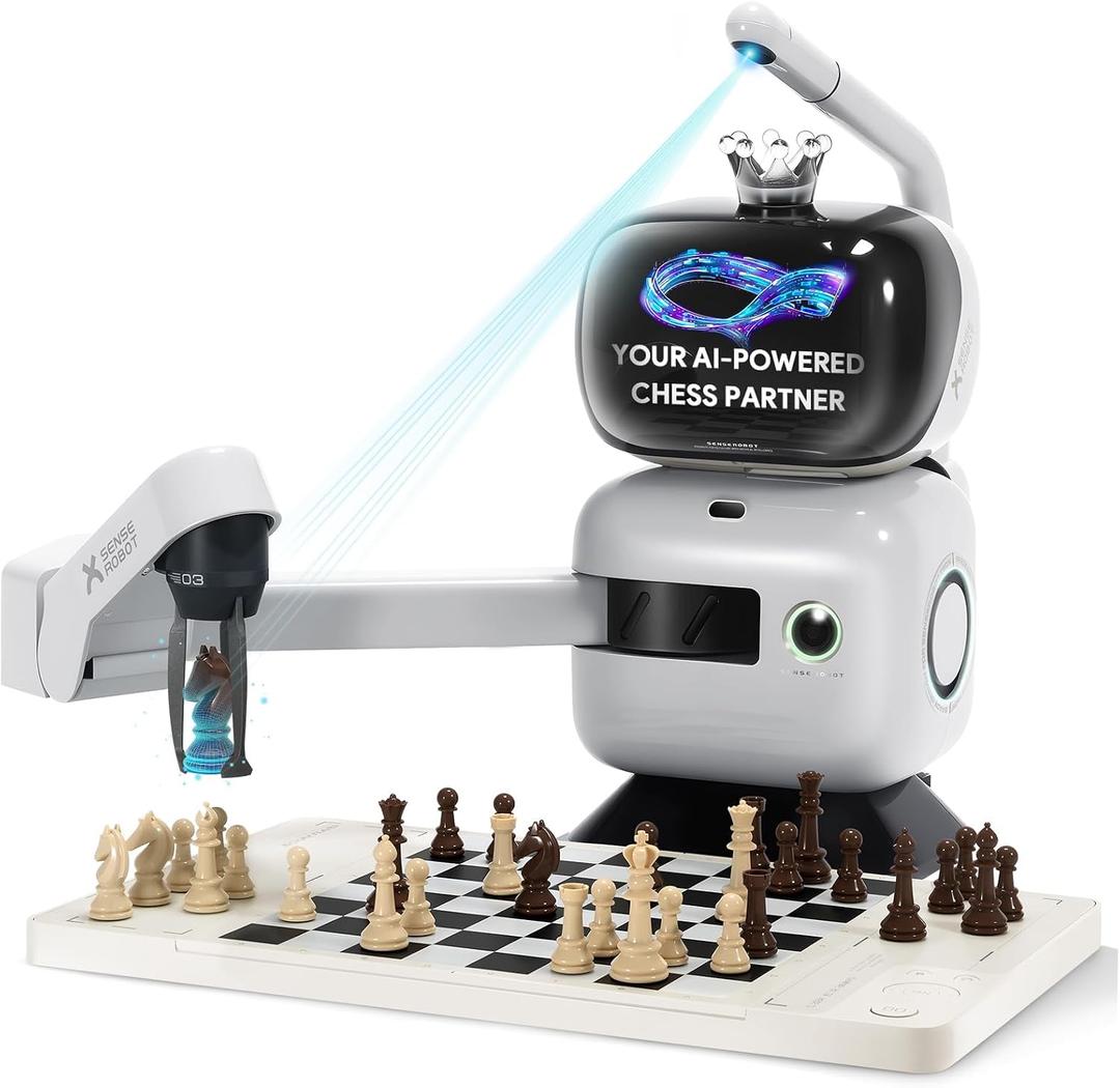 SenseRobot AI Chess Robot with Robotic Arm, Electronic Chess Board for Kids & Adults, 25 AI Levels, 1200+ Exercises, Voice Coaching, Lichess Integration, Wi-Fi OTA Updates, 18.5 x 20 x 15.6 inches