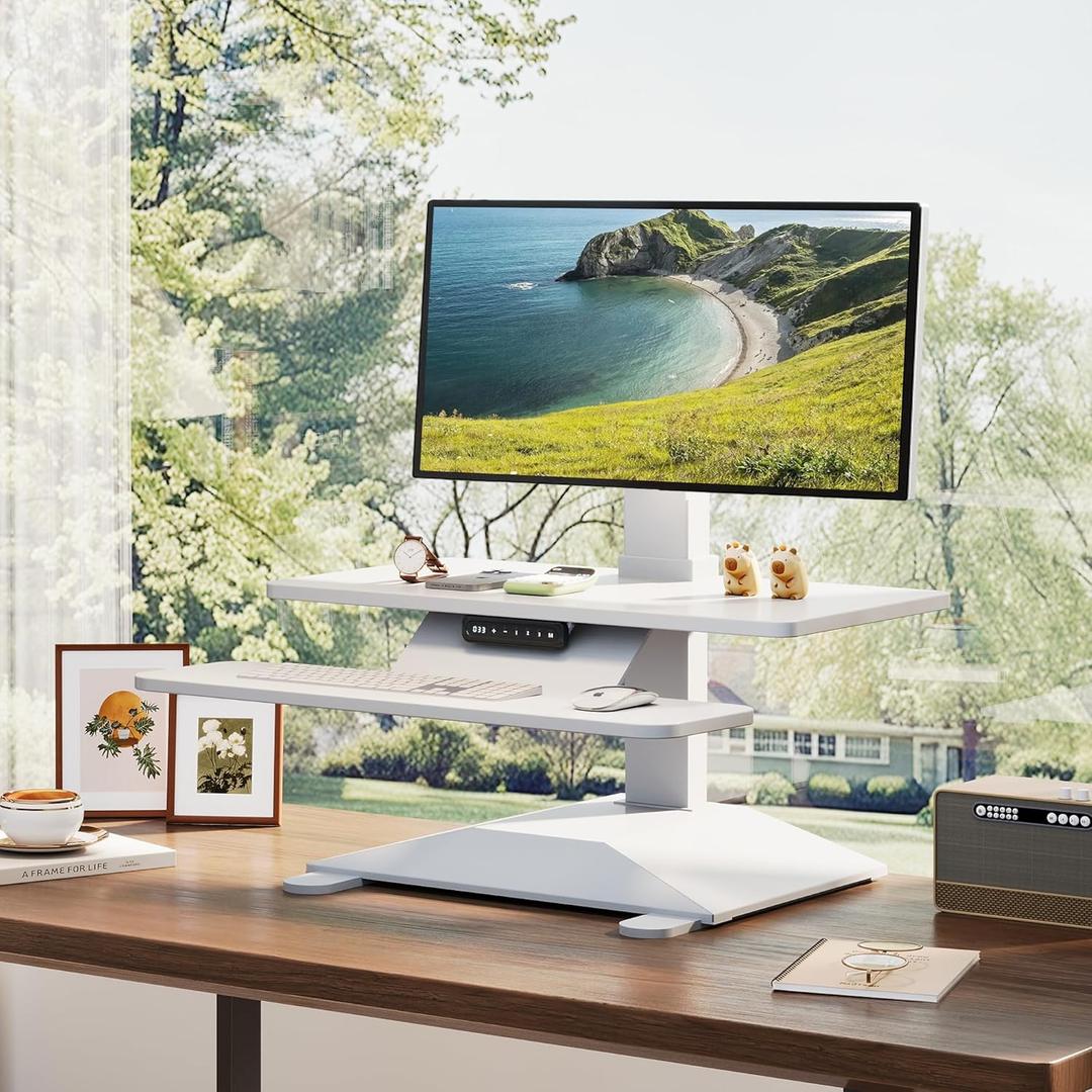Electric Standing Desk Converter 28" Wide, Height Adjustable Desk Riser, Computer Workstation, Sit-Stand Convertor for Home, Office, School (White, 1 Arm Included)