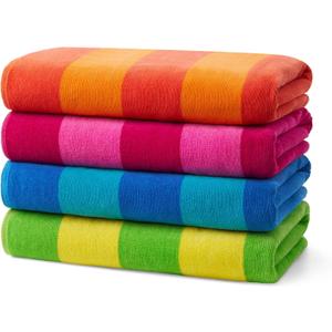 Kaufman - Soft Oversized Beach Towels in Bulk | 29" x 58" Velour Striped Towel | Absorbent, Quick-Drying | 100% Cotton Thick Towels (4 Pack)