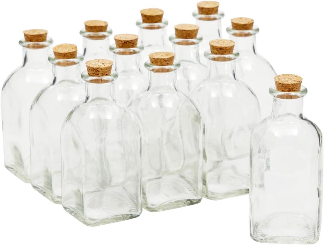 Juvale 12 Pack Clear 4 oz Glass Bottles with Cork Lids, Tiny Vintage Style Potion Vases for Party Favors, DIY Crafts (120 ml Potion Bottles)