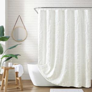 Peri Home 100% Cotton Fabric Shower Curtain for Bathroom, 72 x 72 inches, White Chenille Laurel