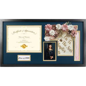 14x26 Black Shadow Box Diploma Frame with Graduation Cap & Tassel Holder for 8.5x11 Diploma and 4x6 Photo with MDF Wood and Plexiglass, Navy Over Gold Mat for Wall, Graduation Keepsakes