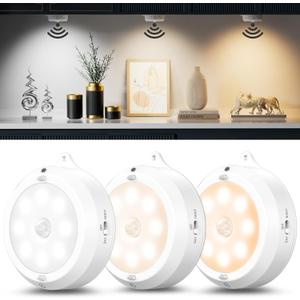 YiaMia Motion Sensor Under Cabinet Lights - 2 Pack, Indoor Smart Sensor Night Light, 3 × AA Battery Operated Wireless Stair Light, Dimmable Puck Lights Suitable for Kitchens, Wardrobes, Hallway
