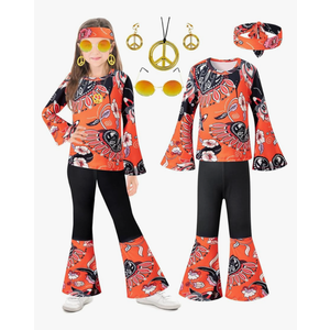60s 70s Outfits Hippie Kid Girls Costume Set Disco Boho Flared Pants Accessories Set, For Size 9-10Y