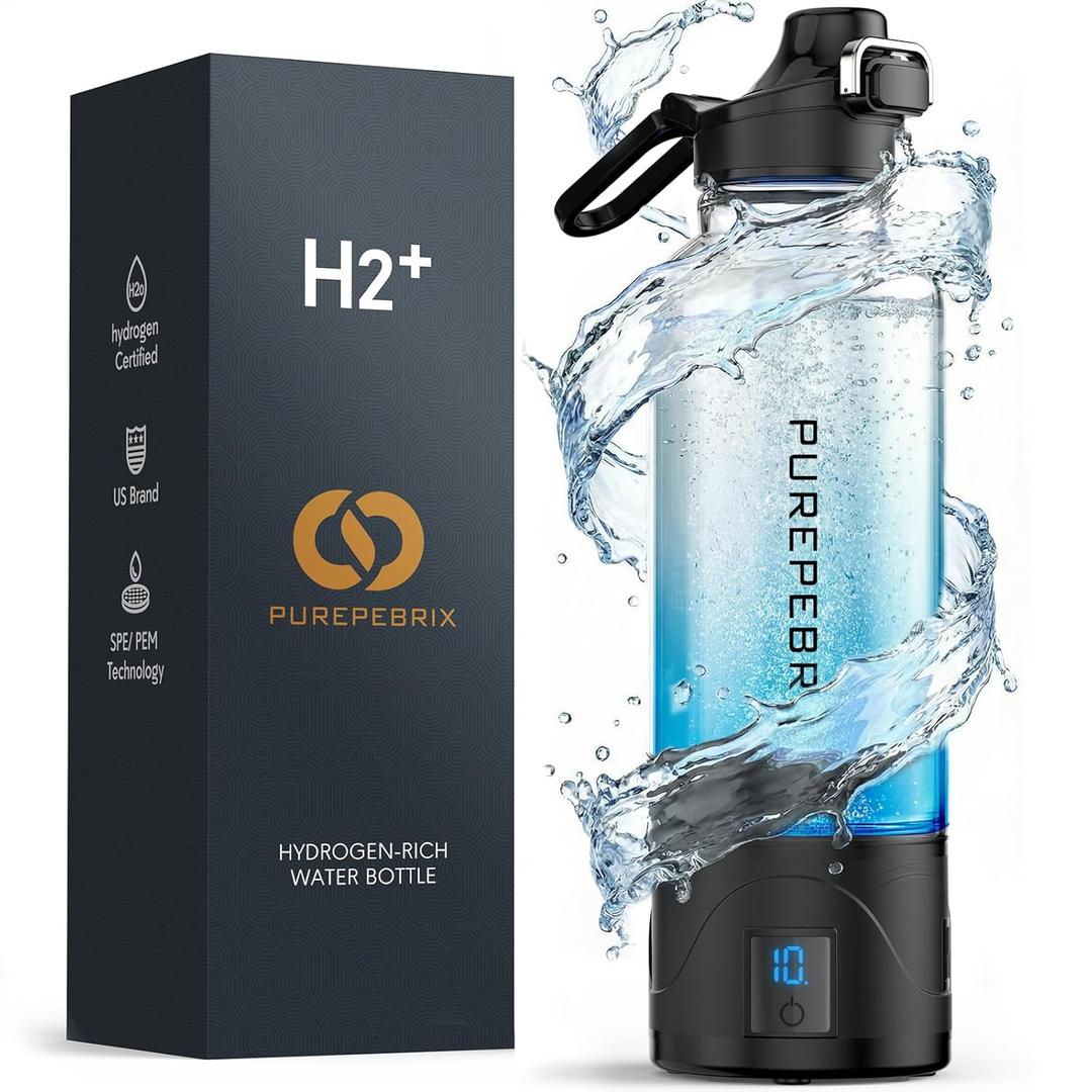 PUREPEBRIX Upgraded Hydrogen Water Bottle Glass Generator - 34oz Borosilicate Glass, SPE/PEM Tech, Leak-Proof Lid, Easy-Carry Handle, Sports-Inspired Design for Home, Office & Travel Hydration