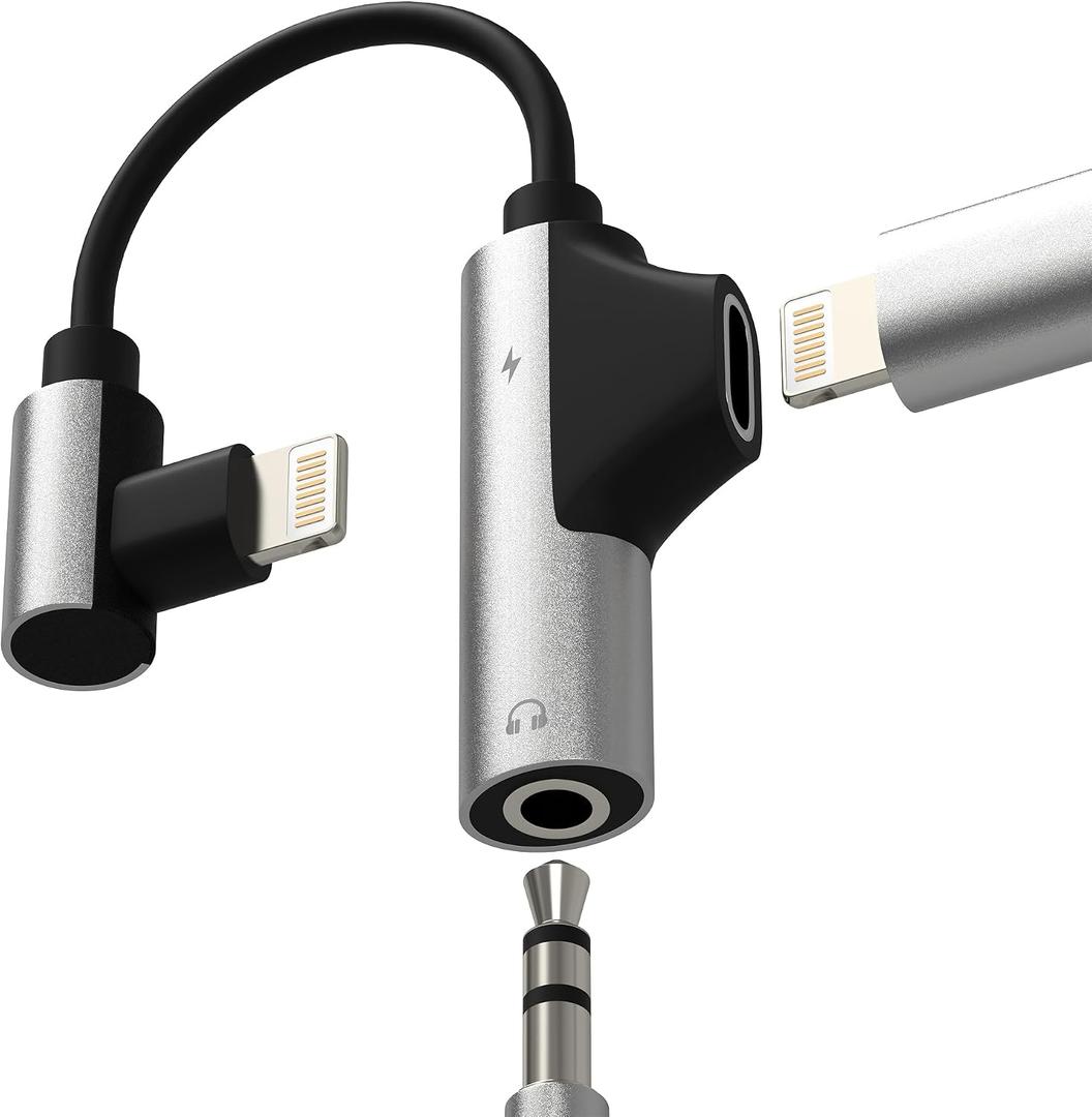 for iPhone Aux Adapter Lightning to 3.5mm Headphone Jack Charging Splitter (2in1) 14 13 12 Pro Max Lighting Wired Earphone Cable Dongle Charger Cord Adaptor Audio Power Car Connector for Ipad
