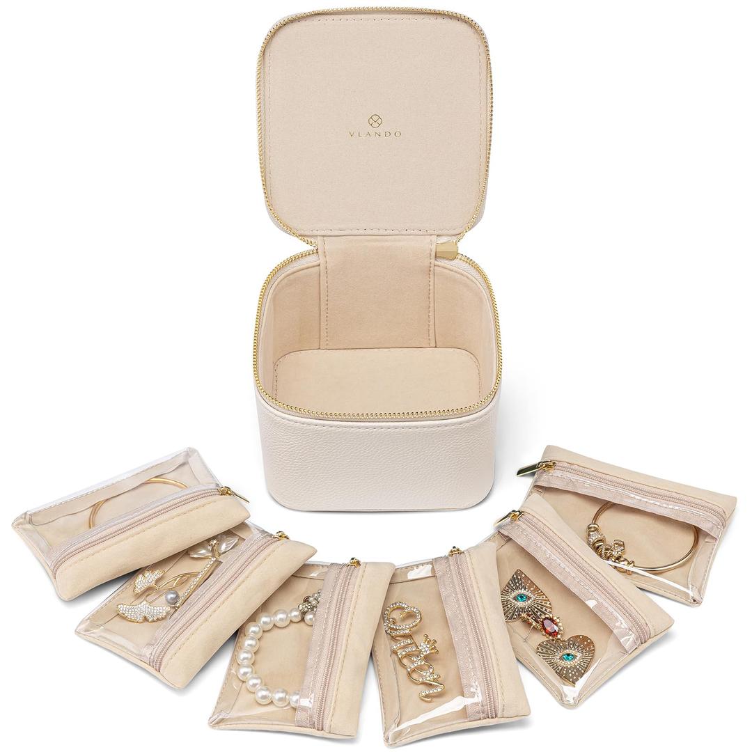 VLANDO Small Jewelry Box Organizer, Travel Jewelry Storage with 6 Velvet Jewelry Zipper Pockets, Travel Jewelry Case Valentines Gifts Birthday Gifts for Women Girls (White)