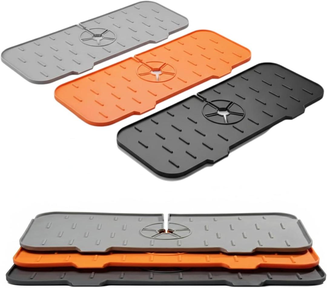 3-Pack Silicone Faucet Mat for Kitchen Sink | 14.76" x 5.71" | Waterproof Drip Catcher & Splash Guard | Quick-Draining Countertop Protector | Grey, Black & Orange