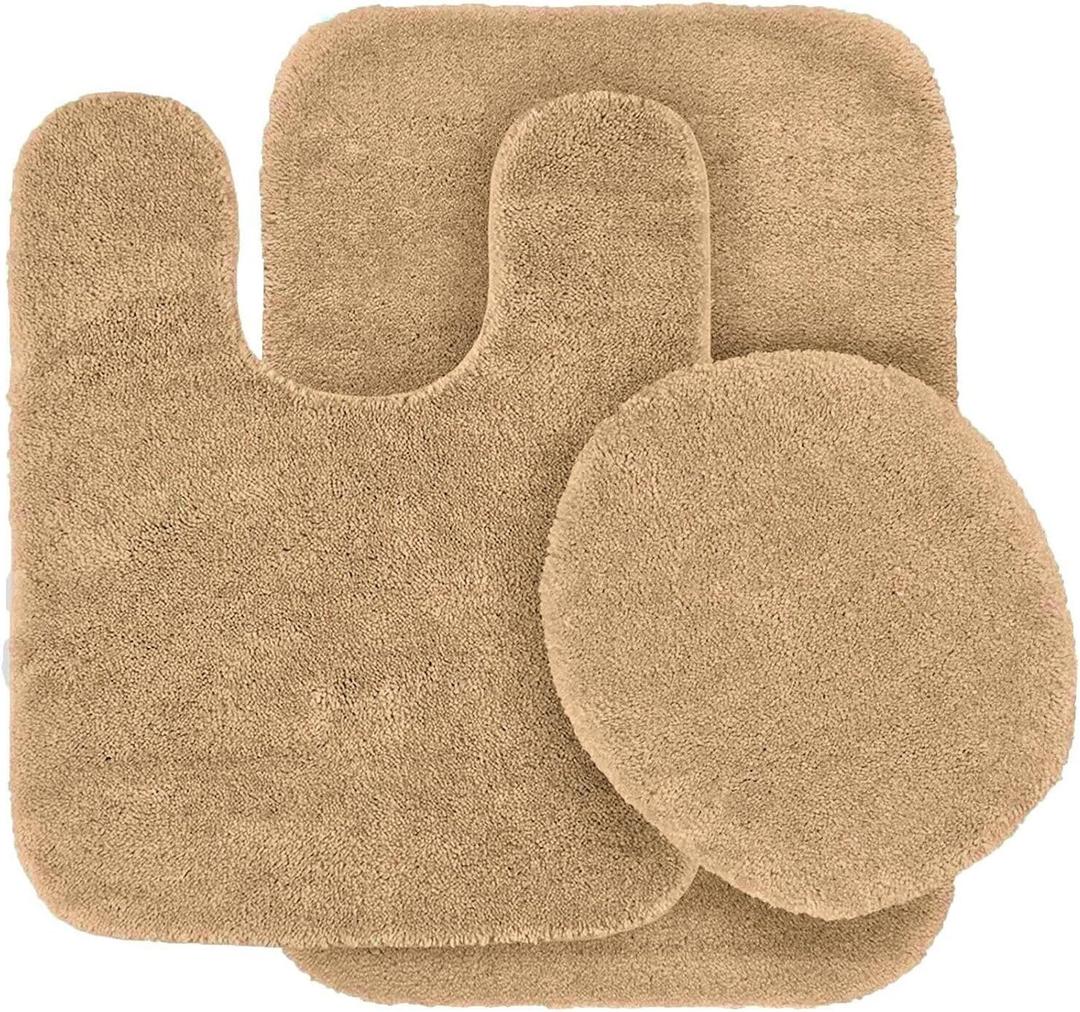 #6 Bath Mat, Contour Mat, and Lid Cover, with Rubber Backing Bathroom Set 3 Piece Solid Assorted Colors (Taupe Sand)