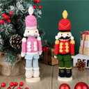2 Pcs Crochet Christmas Nutcracker Characters with Wood Base Christmas Tree Crochet Tabletop Ornaments Xmas Holiday Nutcracker Soldier Figure Table Centerpieces Decoration Knitting Craft Art Supplies