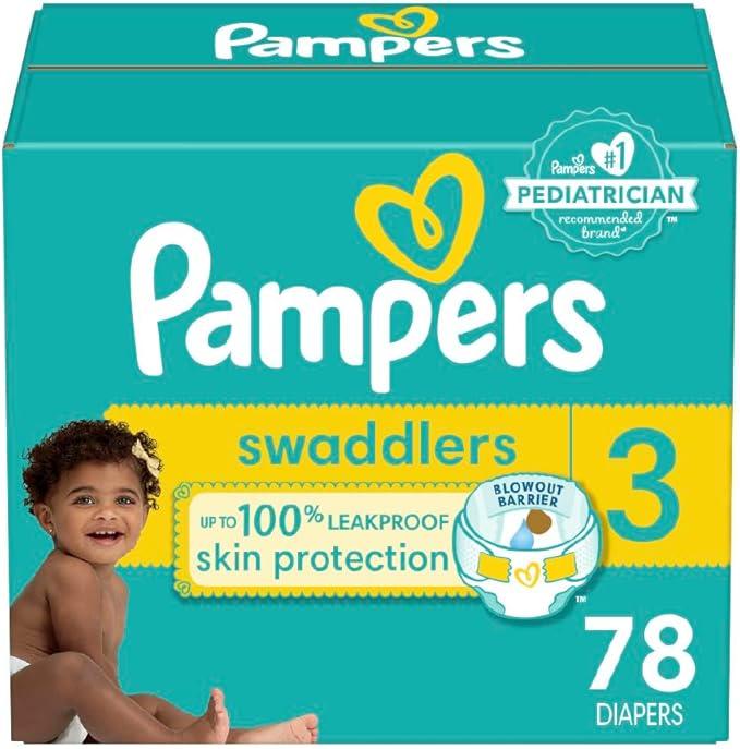 Pampers Swaddlers Diapers, Size 3 (13-26 lbs), 78 Count, Absorbent, Keeps Baby Dry and Comfortable, Skin Safe Disposable Baby Diaper 