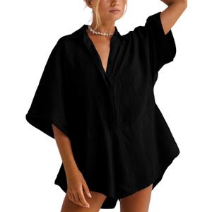 Women One Piece Jumpsuit V-Neck Half Button Collared Rompers Short Sleeve Onesie Playsuit Loose Overalls for Summer (Large, Black)
