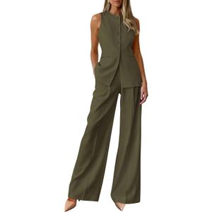 PRETTYGARDEN Women's 2 Piece Sets Business Casual Outfits,Army Green,XXL